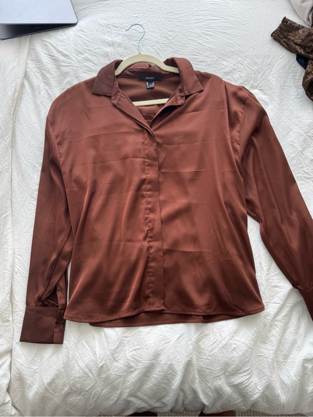 Brown Satin Button-Front Blouse